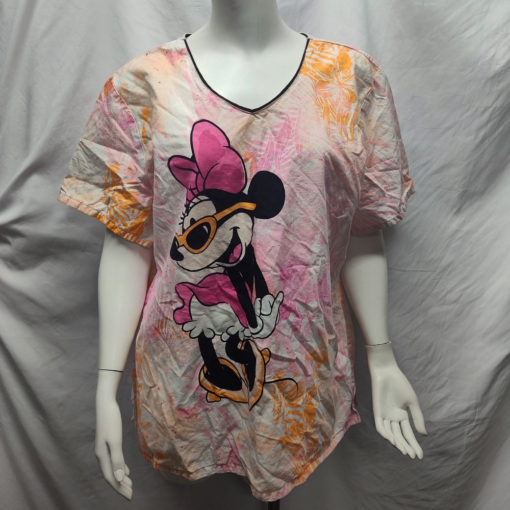Minnie Mouse 2XL tropical Hawaiian floral women's scrub top cotton pink girly